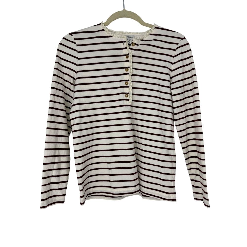 J.Crew Striped Ruffle Collar Henley Top XS Ivory Burgundy Long Sleeve Cotton